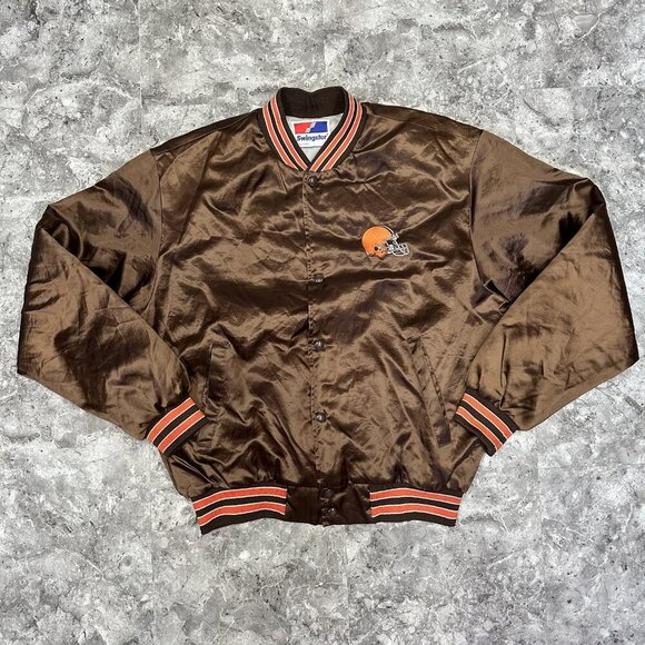 Vintage Swingster Brand NFL Cleveland Browns Satin Snap Jacket - Brown - Size L - Picture 1 of 6